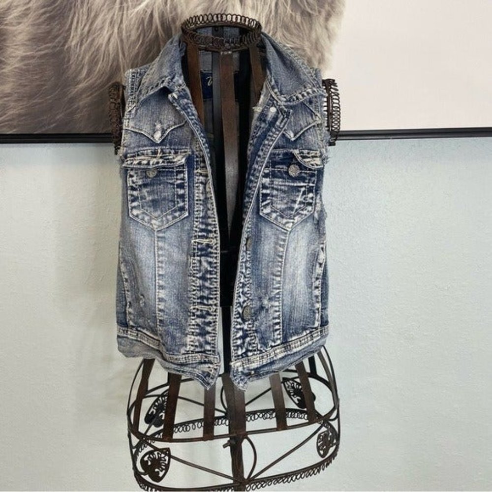 Vanity | acid washed 80s style thick stitch denim jean vest size small